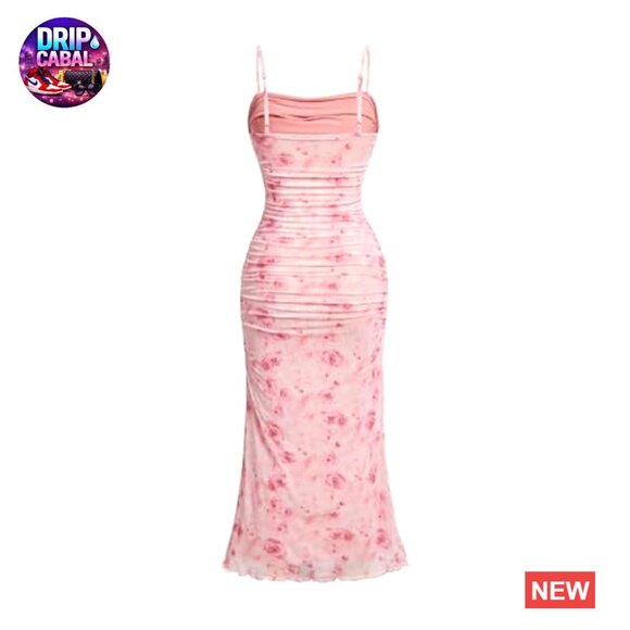 Floral Bodycon Midi Dress with Mesh and Ruching for Wedding Guest Cocktail - Picture 2 of 4